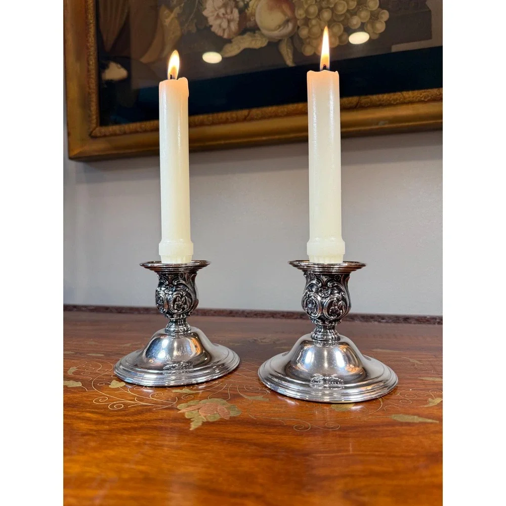 Vintage Wm Rogers Silverplate Candlestick Holders Pair • Victorian Rose Pattern